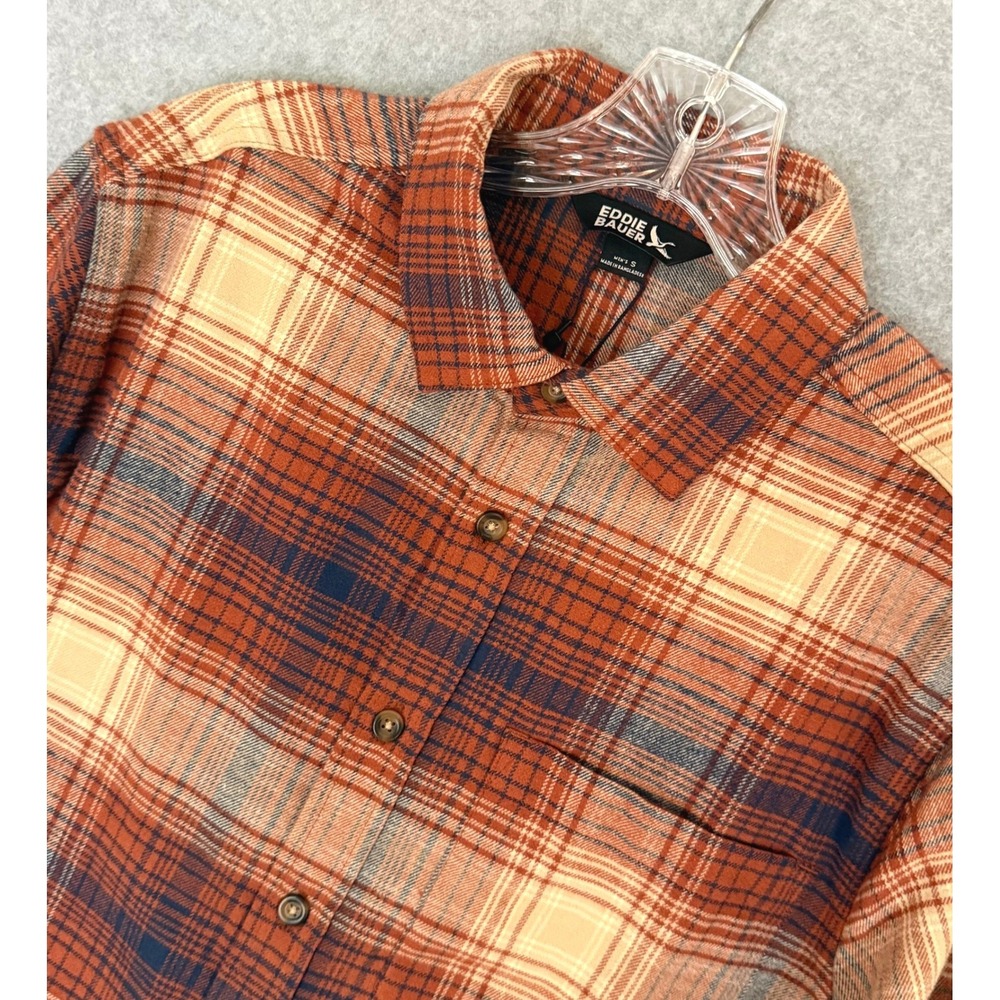 Eddie Bauer Flannel Shirt Mens Small Orange Plaid Long Sleeve Button Up MSRP $80